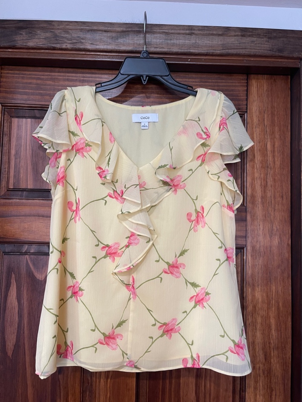 CeCe Yellow Floral Ruffle V-Neck Blouse with Pink Blooms